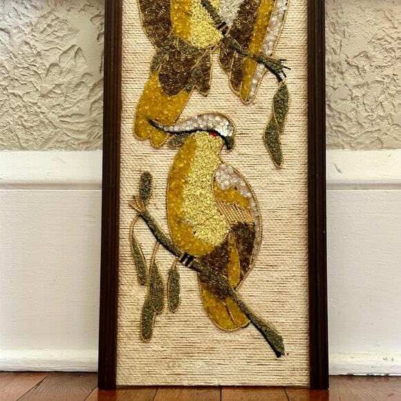 Vintage Burlap Wall Art with Birds – Mid Century Textured Wall Hanging - Picture 2 of 15